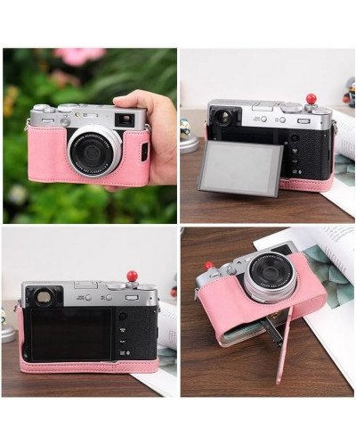 Leather Camera Half Case Compatible with Fujifilm X100VI Digital Camera Pink 