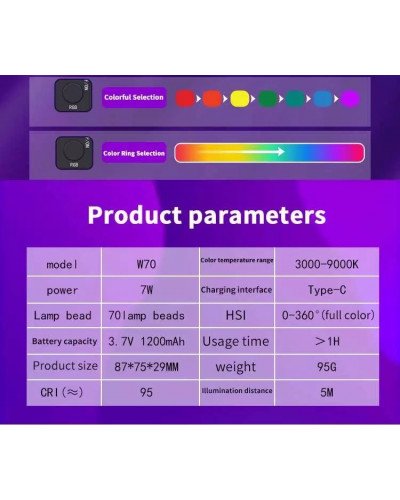 W70 RGB 7W 1200mAh LED Fill Light Portable Adjustable Light