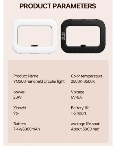 YM-200 Rechargeable 20W Selfie Portable Ring Light Phone Adjustable Fill Ring Light