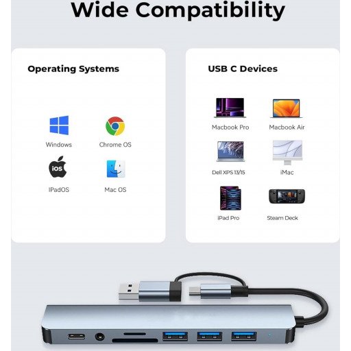 Type-C/USB 8-in-1 Hub USB 2.0*3 USB 3.0 USB-C SD Micro SD Audio