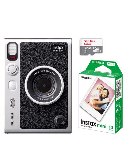 FUJIFILM INSTAX MINI EVO Hybrid Instant Camera Black with 32GB Memory Card&Instant Film-10 Sheets