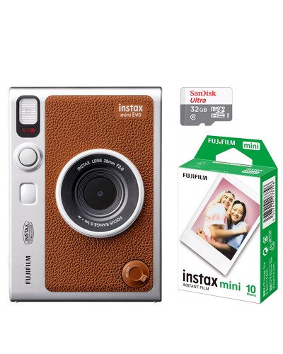 FUJIFILM INSTAX MINI EVO Hybrid Instant Camera Brown with 32GB Memory Card&Instant Film-10 Sheets
