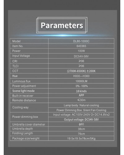 NiceFoto DL80-1000C 100W RGB Umbrella Light(With Grid)