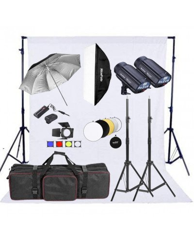 NiceFoto TB300-300W 2-Mini Studio Flash With White Background And Backdrop Stand
