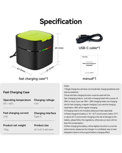 TELESIN 2-Channel Fast Charger Box for GoPro HERO 9/10/11/12 Batteries