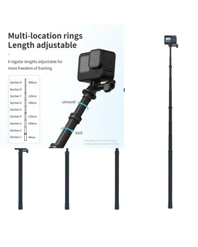 TELESIN Ultra Light No Bending Carbon Fibre Selfie Stick For Action Cameras 3M