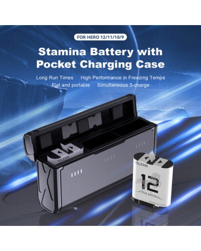 TELESIN Pocket-Size 3-Slot Charger Box & 2 Stamina Batteries Kit for GoPro HERO 9/10/11/12