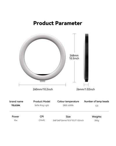 TELESIN 10 inch LED Selfie Ring Light