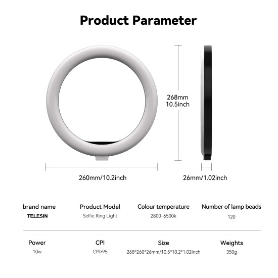 TELESIN 10 inch LED Selfie Ring Light