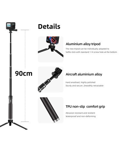 TELESIN 0.9m Extendable Aluminum Alloy Selfie Stick with Tripod and Phone Clip for GoPro