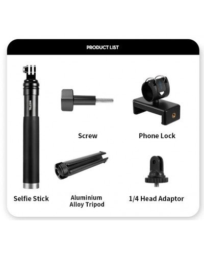 TELESIN 0.9m Extendable Aluminum Alloy Selfie Stick with Tripod and Phone Clip for GoPro