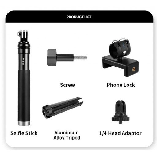 TELESIN 0.9m Extendable Aluminum Alloy Selfie Stick with Tripod and Phone Clip for GoPro