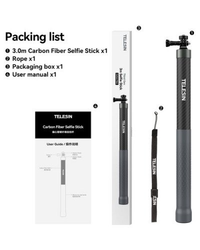 TELESIN New Design 3m Carbon Fiber Selfie Stick