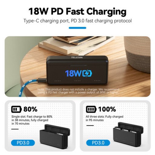 TELESIN 3-Slot Battery Charger for DJI Osmo 360/Action 3/4/5 Pro/6