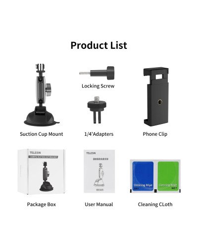 TELESIN Aluminum Alloy Camera Suction Cup Mount With Phone Clip