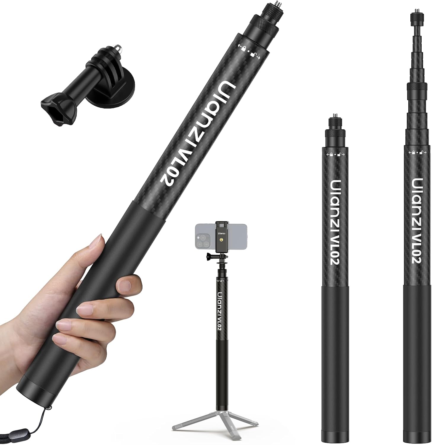 Ulanzi VL02 2.7M Carbon Fiber Selfie Stick Invisible Pole for GoPro Insta360 DJI Osmo Action Camera
