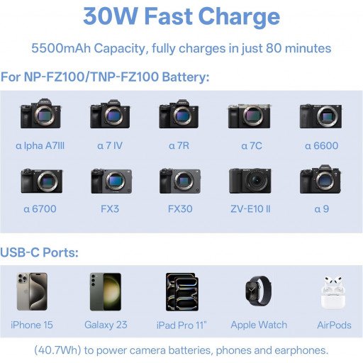 VILTROX BT-FZ100 Camera Battery Charging Case Power Bank for Sony NP-FZ100 (Battery Not Included)