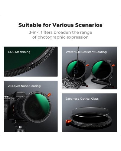 K&F Concept 82mm Nano-X ND2-32 Variable ND+CPL+Black Mist 1/4 3in1 Filter