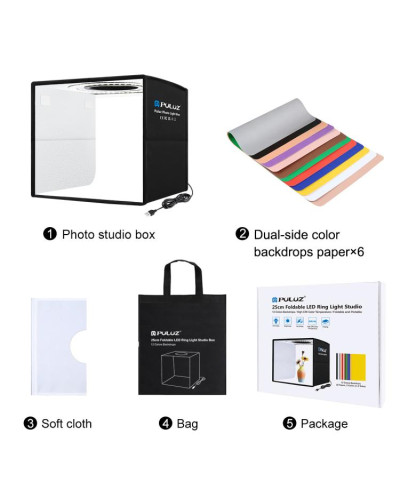 PULUZ 25cm Folding Portable Ring Light Photo Lighting Studio Shooting Tent Box with 12 Colors Backdrops