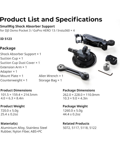 SmallRig mini Shock Absorber Arm for DJI Osmo Pocket 3/Action 6/5 Pro/4 for GoPro Hero13/12/11 for Insta360 X5/4/3