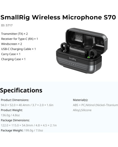 SmallRig S70-C2 Wireless Microphone with USB-C Adapter for Phones SmallRig S70-C2 Wireless Microphone with USB-C Adapter for Phones