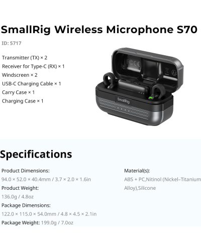 SmallRig S70-C2 Wireless Microphone with USB-C Adapter for Phones