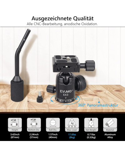 EVUMO Mini 28mm Ball Head Tripod Head with Handle