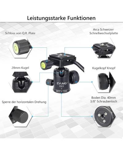 EVUMO Mini 28mm Ball Head Tripod Head with Handle