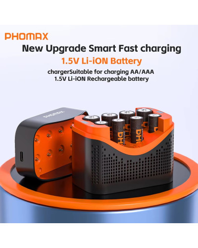 PHOMAX 8-Slot Smart Fast-Charging Charger 4x AA 4200mWh/4x AAA 1100mWh Lithium Battery kit