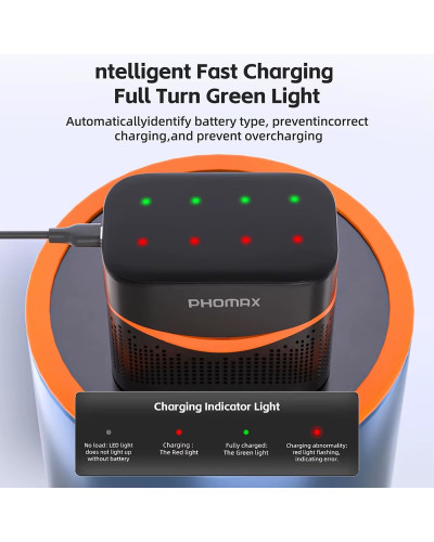 PHOMAX 8-Slot Smart Fast-Charging Charger 4x AA 4200mWh/4x AAA 1100mWh Lithium Battery kit