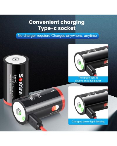 Soshine Rechargeable C Batteries with USB-C Charging Cable 1.5v Lithium LR14 C Size Battery 5000mWh (1Pc) Soshine Rechargeable C Batteries with USB-C Charging Cable 1.5v Lithium LR14 C Size Battery 5000mWh (1Pc)