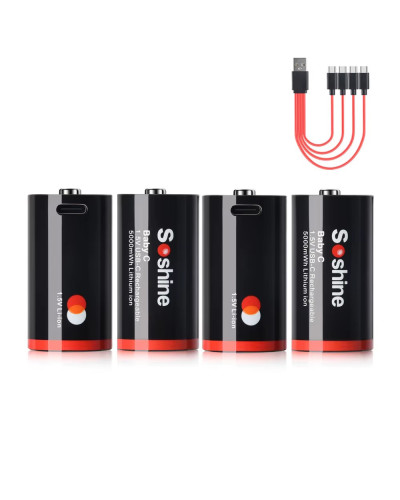 Soshine Rechargeable C Batteries with USB-C Charging Cable 1.5v Lithium LR14 C Size Battery 5000mWh (4Pc)