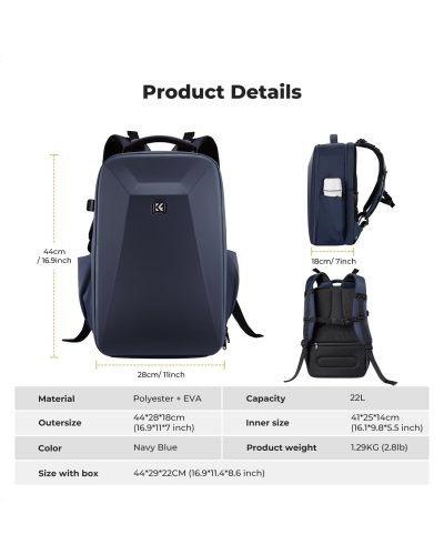 K&F Concept Camera Backpack 22L Nature Wander 10 (Deep Blue)