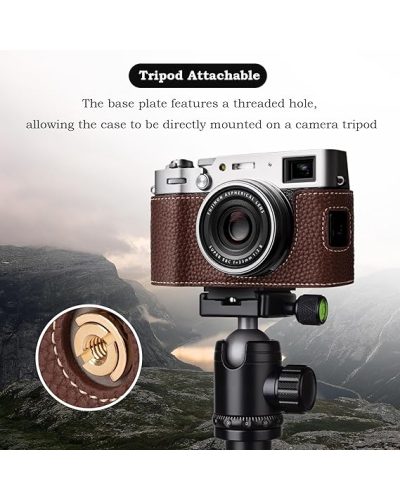 Leather Camera Half Case for Fujifilm X100VI Digital Camera with Strap (Coffee)