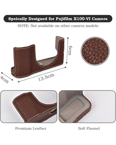 Leather Camera Half Case for Fujifilm X100VI Digital Camera with Strap (Coffee)