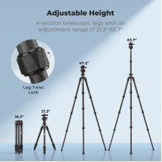 K&F Concept K254C2 Carbon Fibre Camera Tripod 162 cm Travel Tripod Arca Swiss