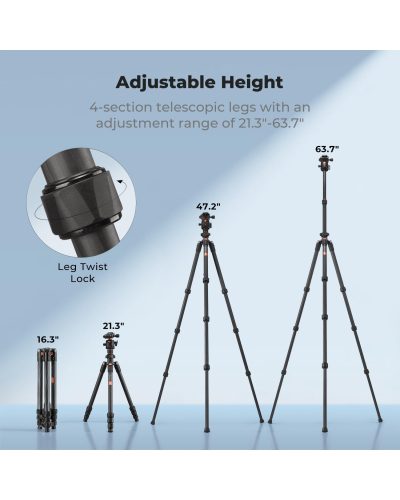 K&F Concept K254C2 Carbon Fibre Camera Tripod 162 cm Travel Tripod Arca Swiss