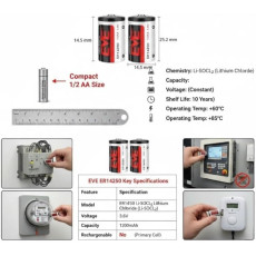 EVE ER14250 Lithium Thionyl Chloride Battery 1/2 AA Size 3.6V 1200mAh for Utility Metres and Security Systems