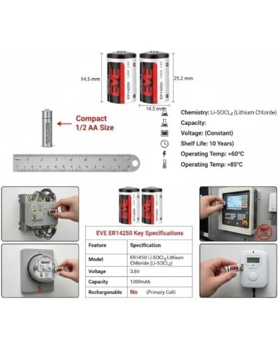 EVE ER14250 Lithium Thionyl Chloride Battery 1/2 AA Size 3.6V 1200mAh for Utility Metres and Security Systems