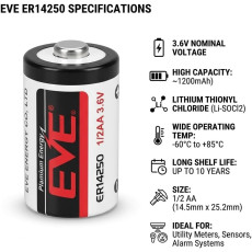 EVE ER14250 Lithium Thionyl Chloride Battery 1/2 AA Size 3.6V 1200mAh for Utility Metres and Security Systems