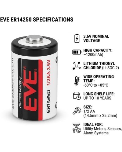 EVE ER14250 Lithium Thionyl Chloride Battery 1/2 AA Size 3.6V 1200mAh for Utility Metres and Security Systems