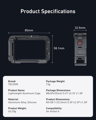 TELESIN Aluminum Alloy Protective Frame Cage for DJI Osmo Action 6