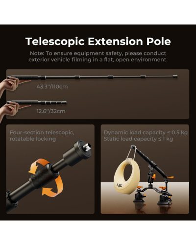 K&F Concept Triple Suction Cup Car Mount Kit with Extension Pole & Phone Holder for Action Camera
