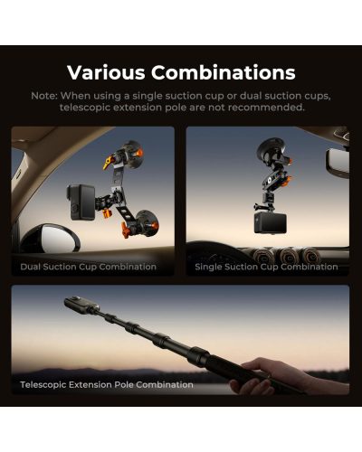 K&F Concept Triple Suction Cup Car Mount Kit with Extension Pole & Phone Holder for Action Camera