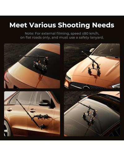 K&F Concept Triple Suction Cup Car Mount Kit with Extension Pole & Phone Holder for Action Camera