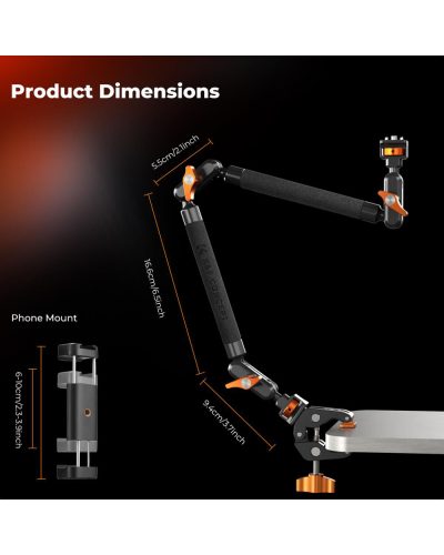 K&F Concept 22-Inch Magic Arm Clamp Kit Overhead Desk Camera Mount Friction Boom Arm for Phone & Camera
