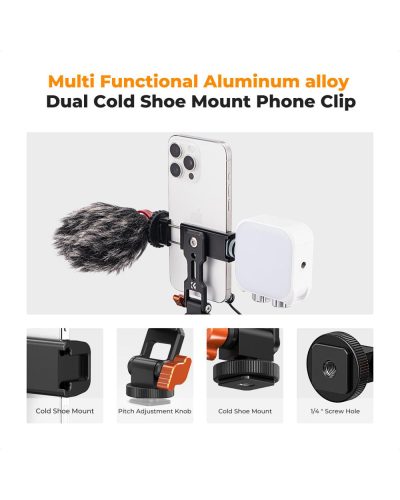 K&F Concept Metal Phone Tripod Mount with Dual Cold Shoe Adjustable Smartphone Holder
