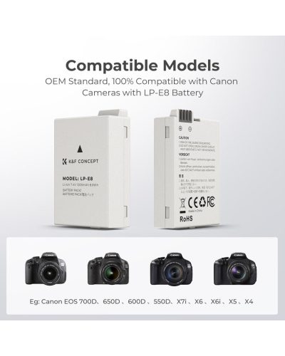 K&F Concept 2 Pack LP-E8 Battery and Dual Slot Battery Charger for Canon EOS Cameras
