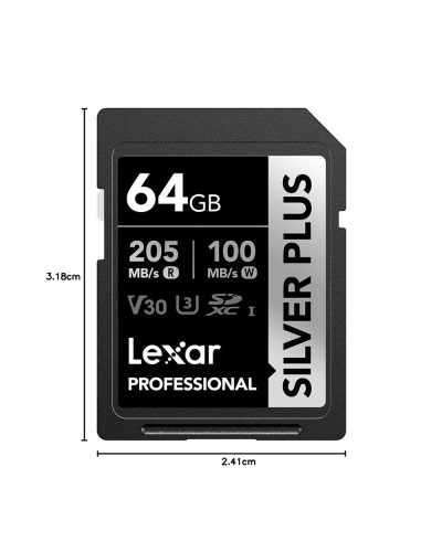 Lexar 64GB Professional SILVER PLUS UHS-I V30 SDXC Memory Card R:205MB/s W:100MB/s