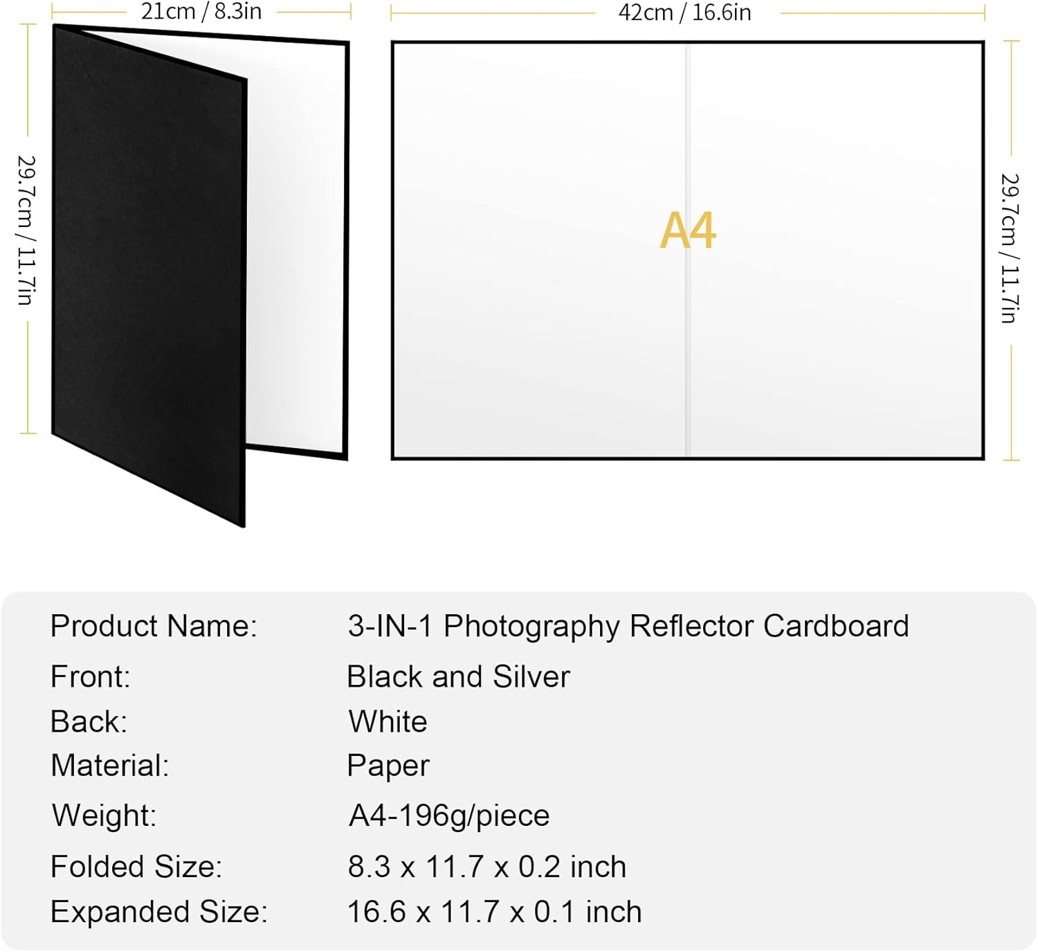 3in1 Light Reflector Photography Cardboard 12x8 inch Black White and Silver